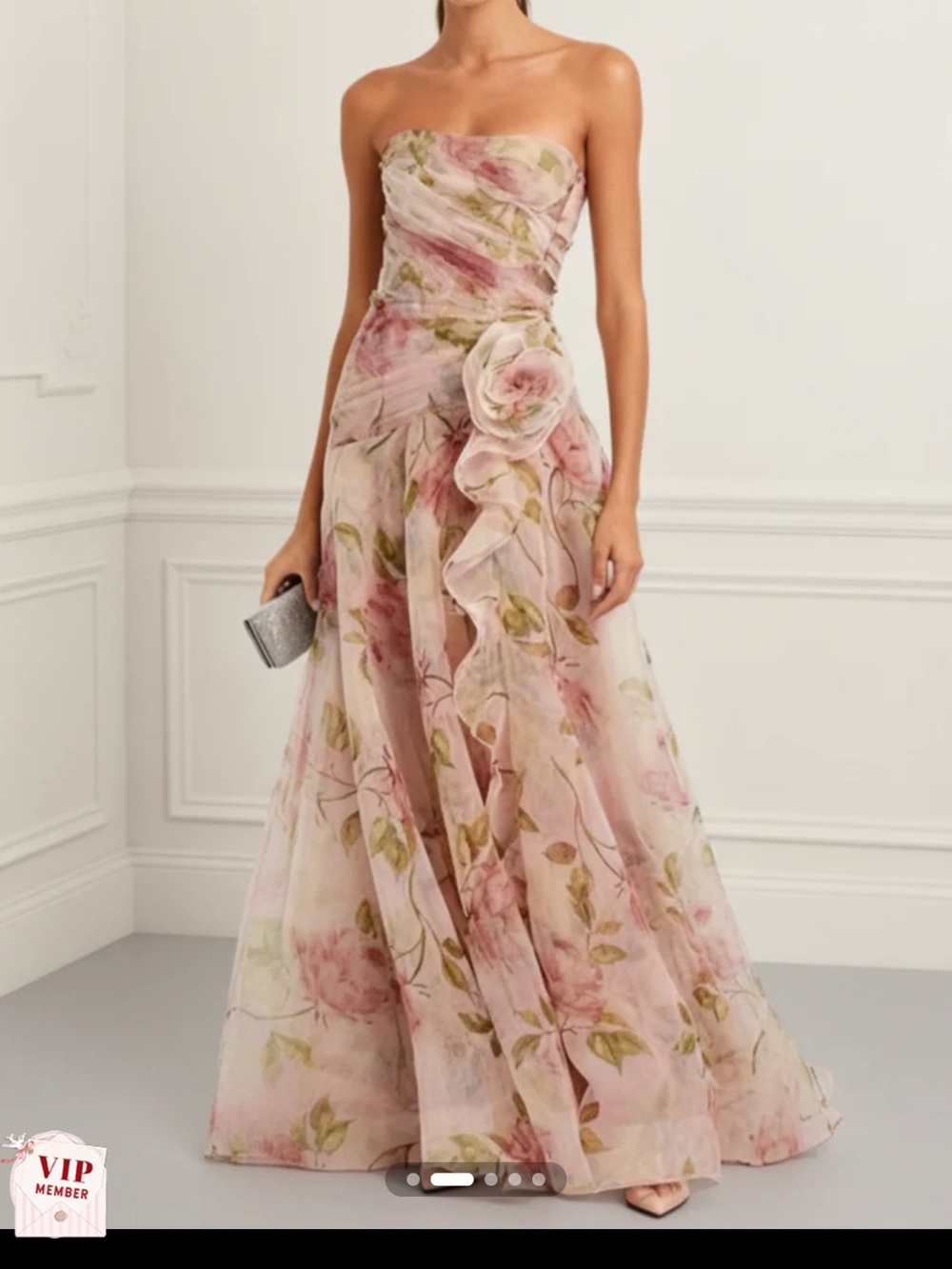 Fehaute Pink Floral Tulle Strapless Sleeveless A-Line Gown Dress Chiffon Gown